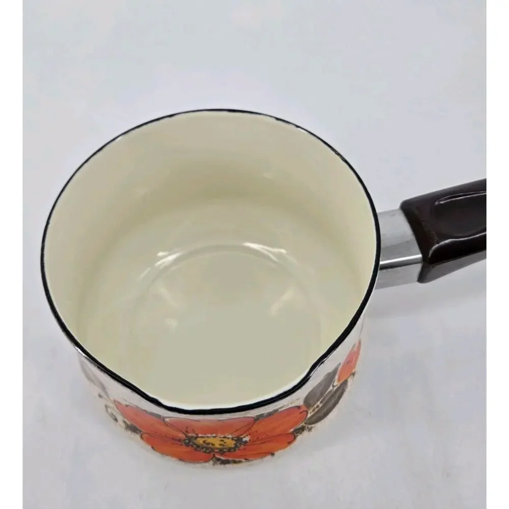 MCM Orange Flower Sanko Ware Pouring Sauce Pan Show Pans Enamel Cookware 1970s